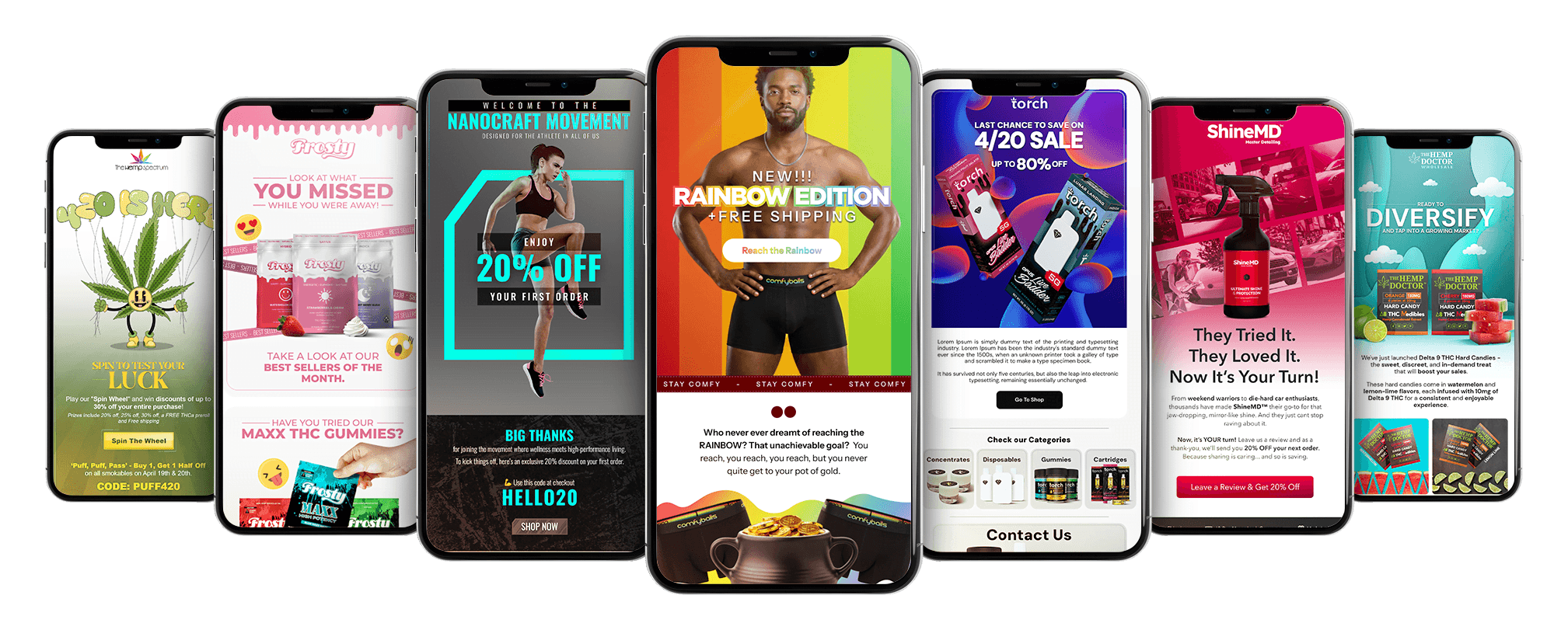 Examples of email designs built by The Invisible Flow
